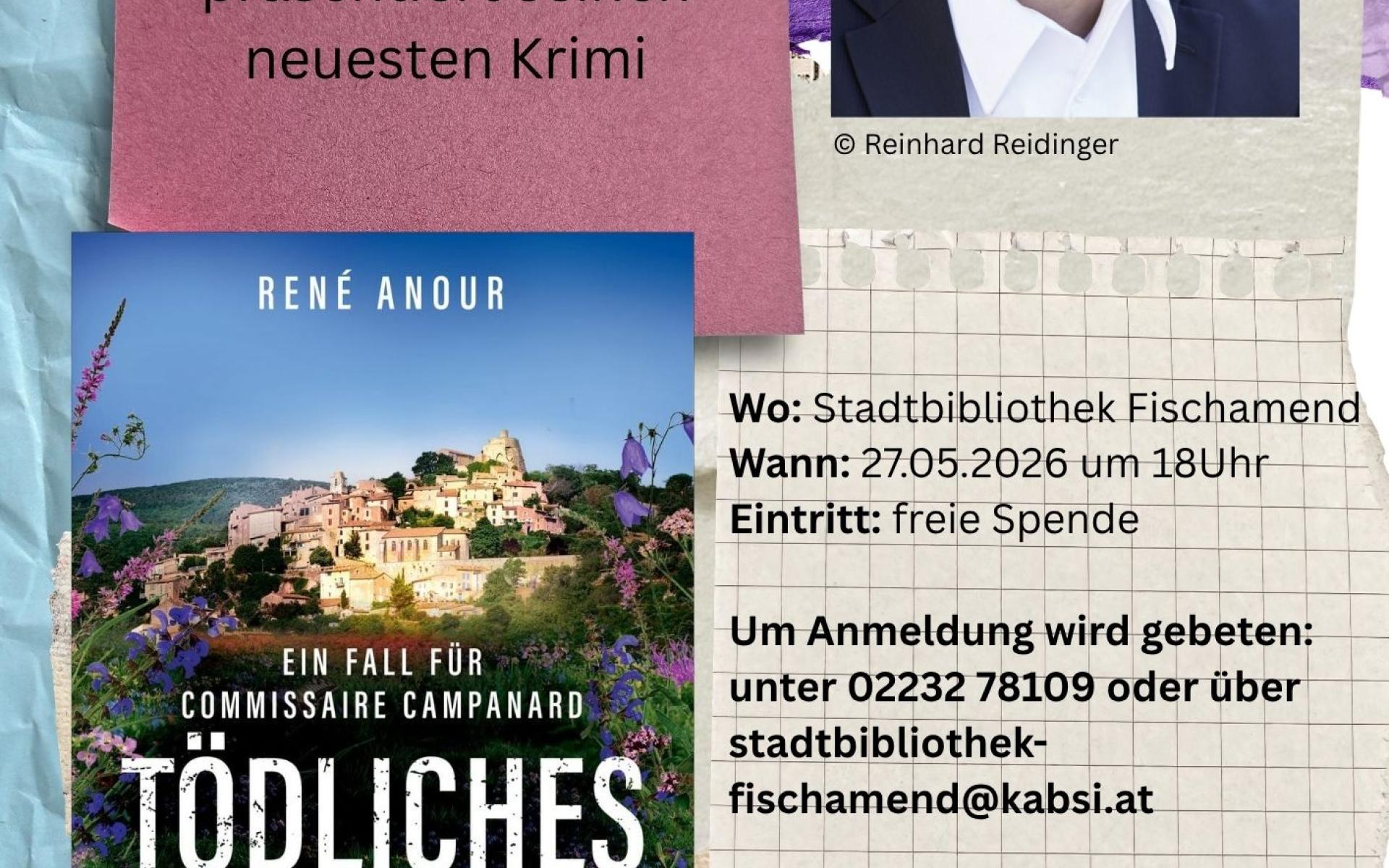 Plakat der Lesung, Bild von René Anour und dem Cover des Buches