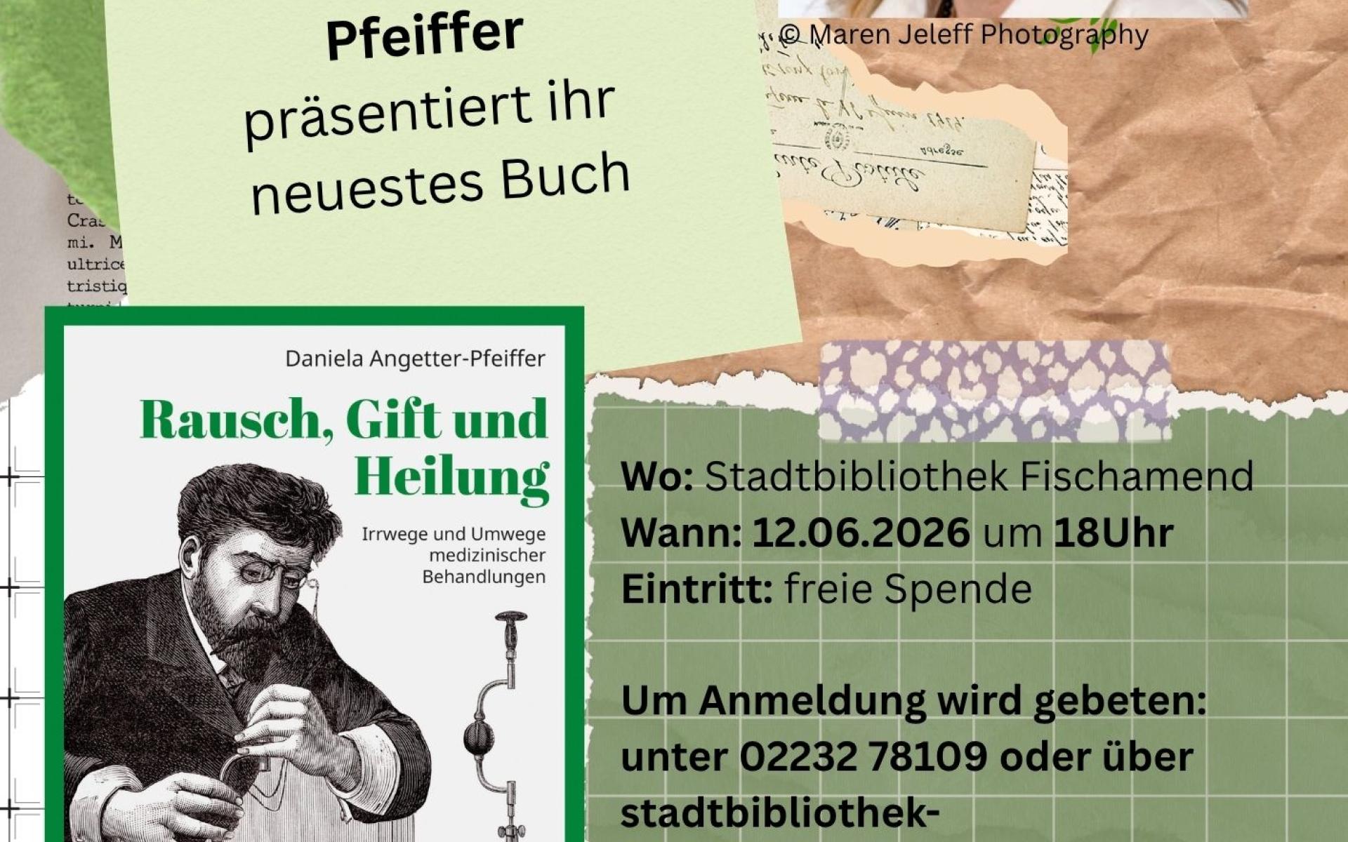 Bild von der Autorin und ihrem Buch und die Details zur Veranstaltung