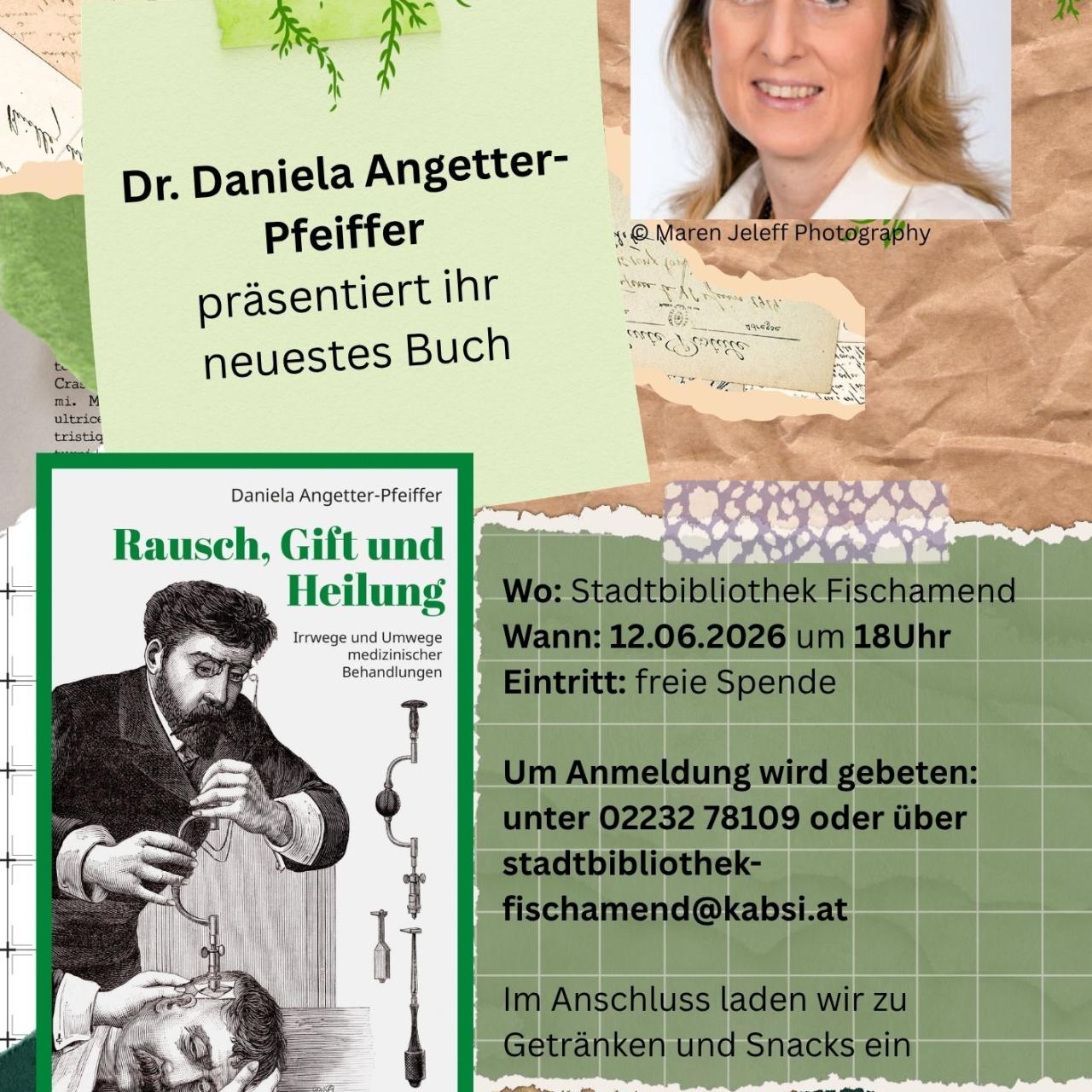 Bild von der Autorin und ihrem Buch und die Details zur Veranstaltung